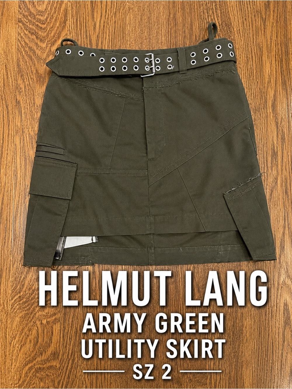 Helmut Lang Army Green Utility Cargo Mini Skirt Grommet Belt Size 2